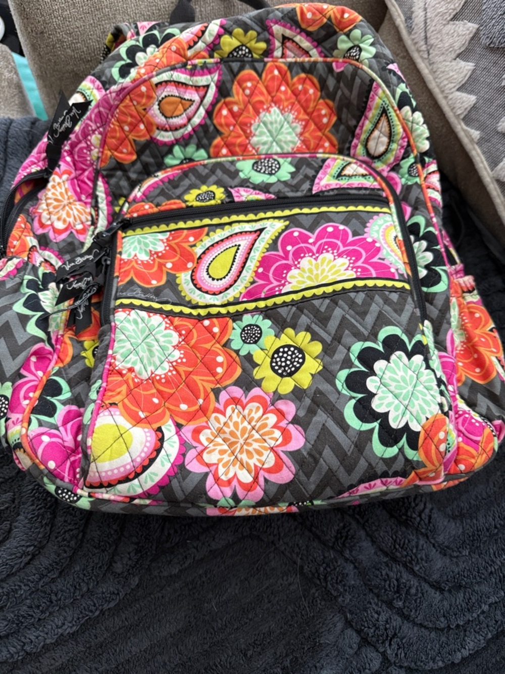 Vera Bradley Quilted Floral Paisley Backpack in Black, Pink, Orange, Green